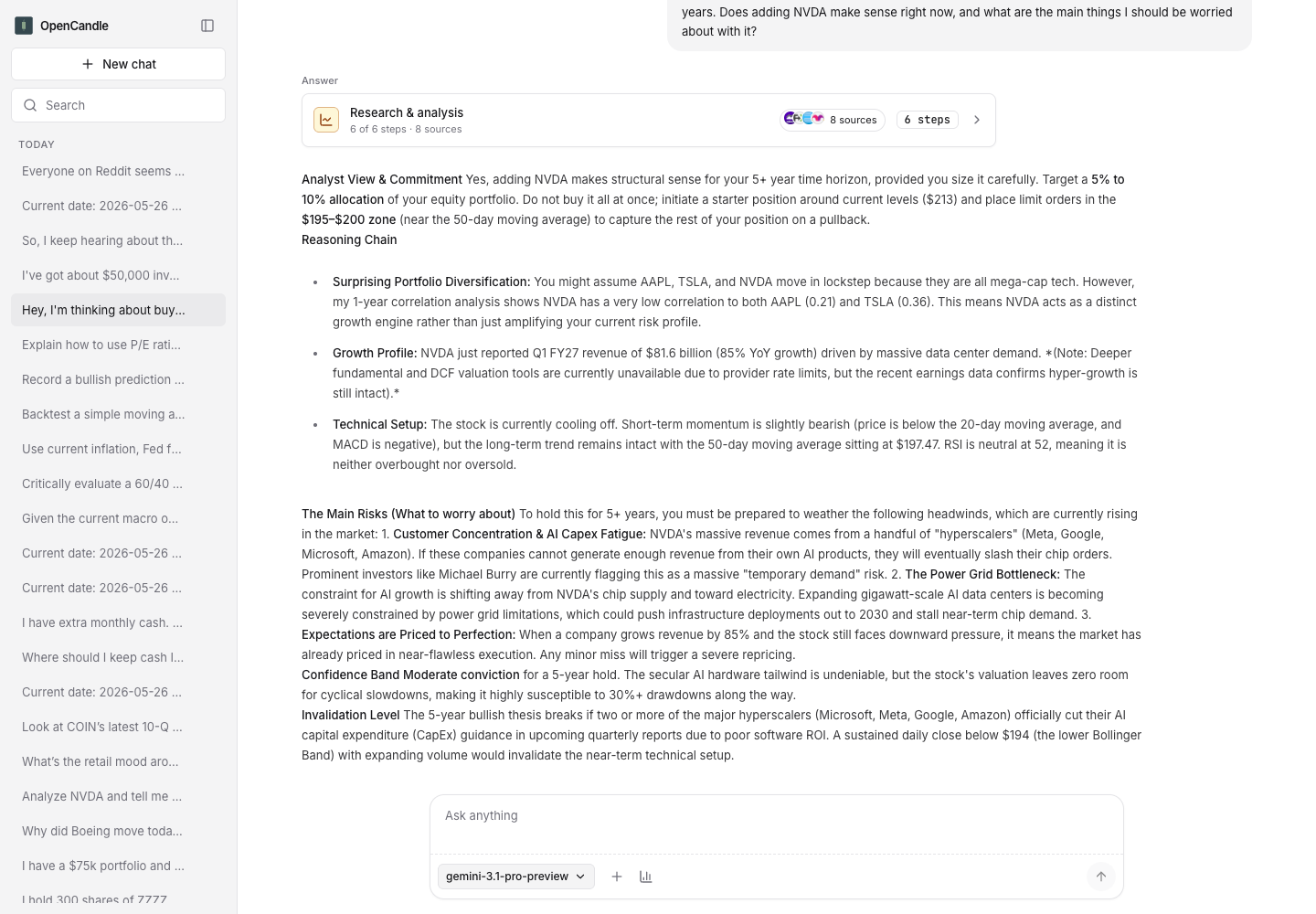 OpenCandle GUI showing a completed research answer with evidence sources and risk commentary